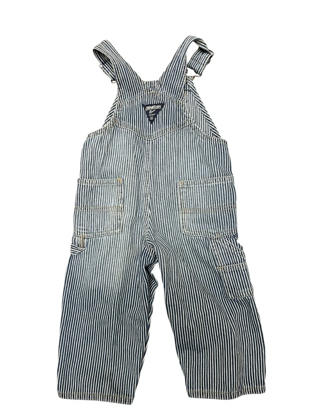 Vintage OshKosh B'gosh Blue and White Striped Overalls Size 18M Worn In